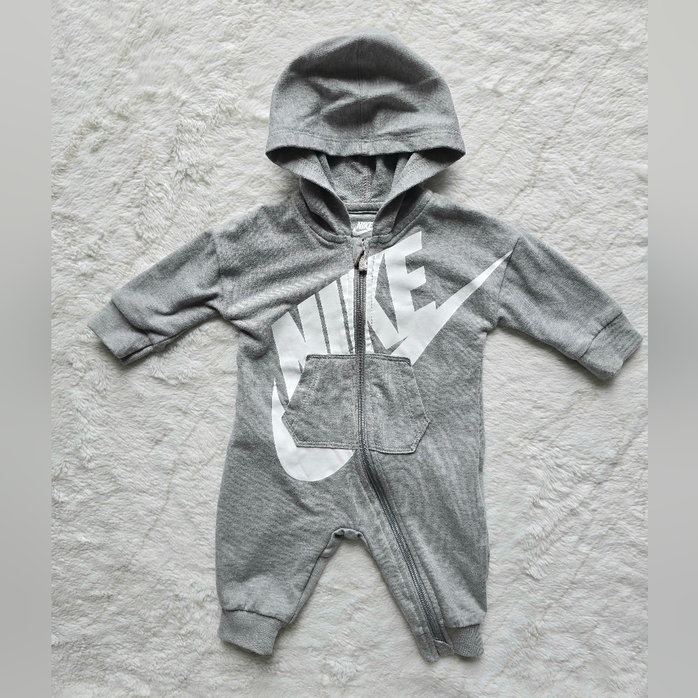 Nike, hooded zippy, lightweight, grey with white writing, boys, 3 months